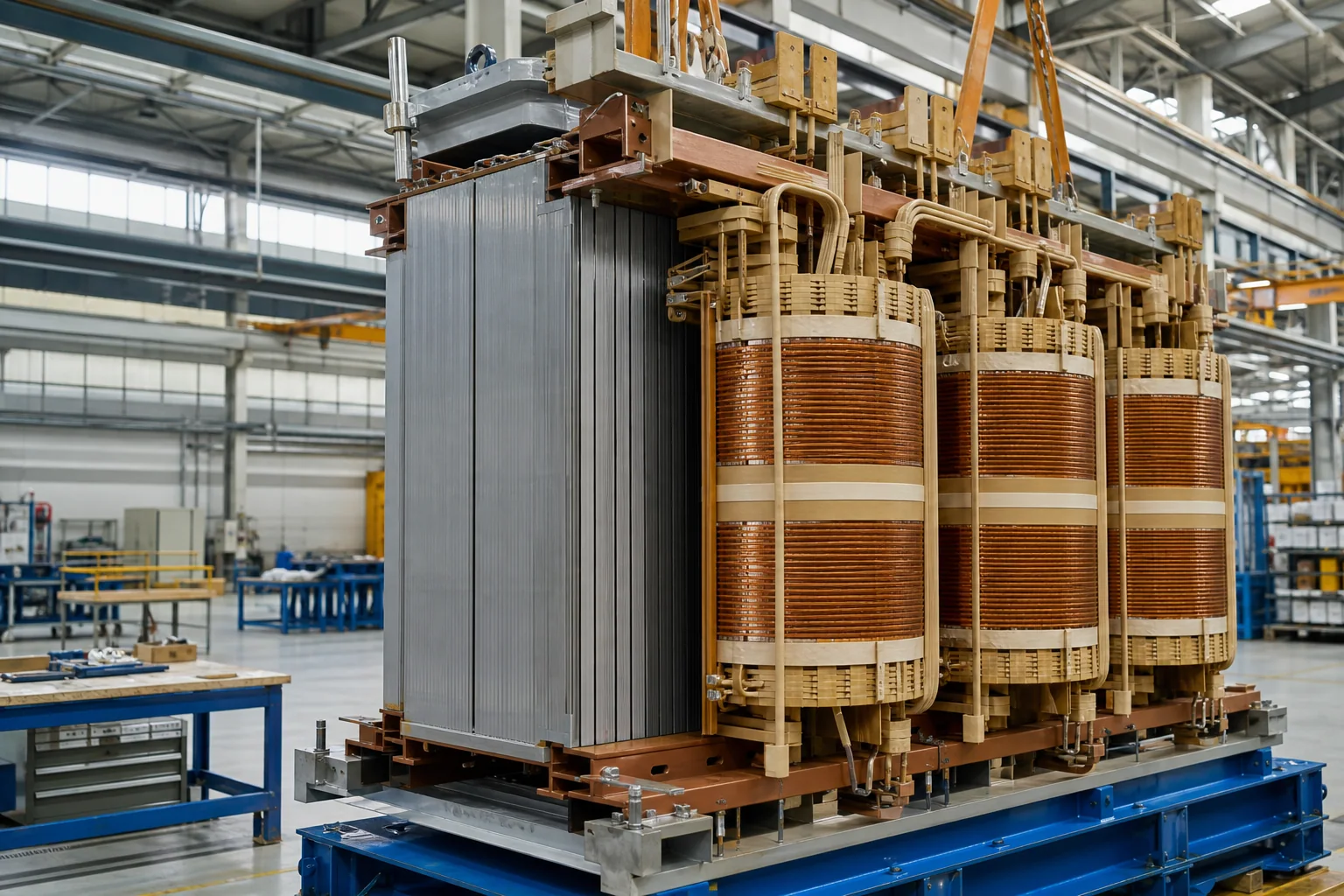 Industrial transformer core, windings and insulation during active-part assembly