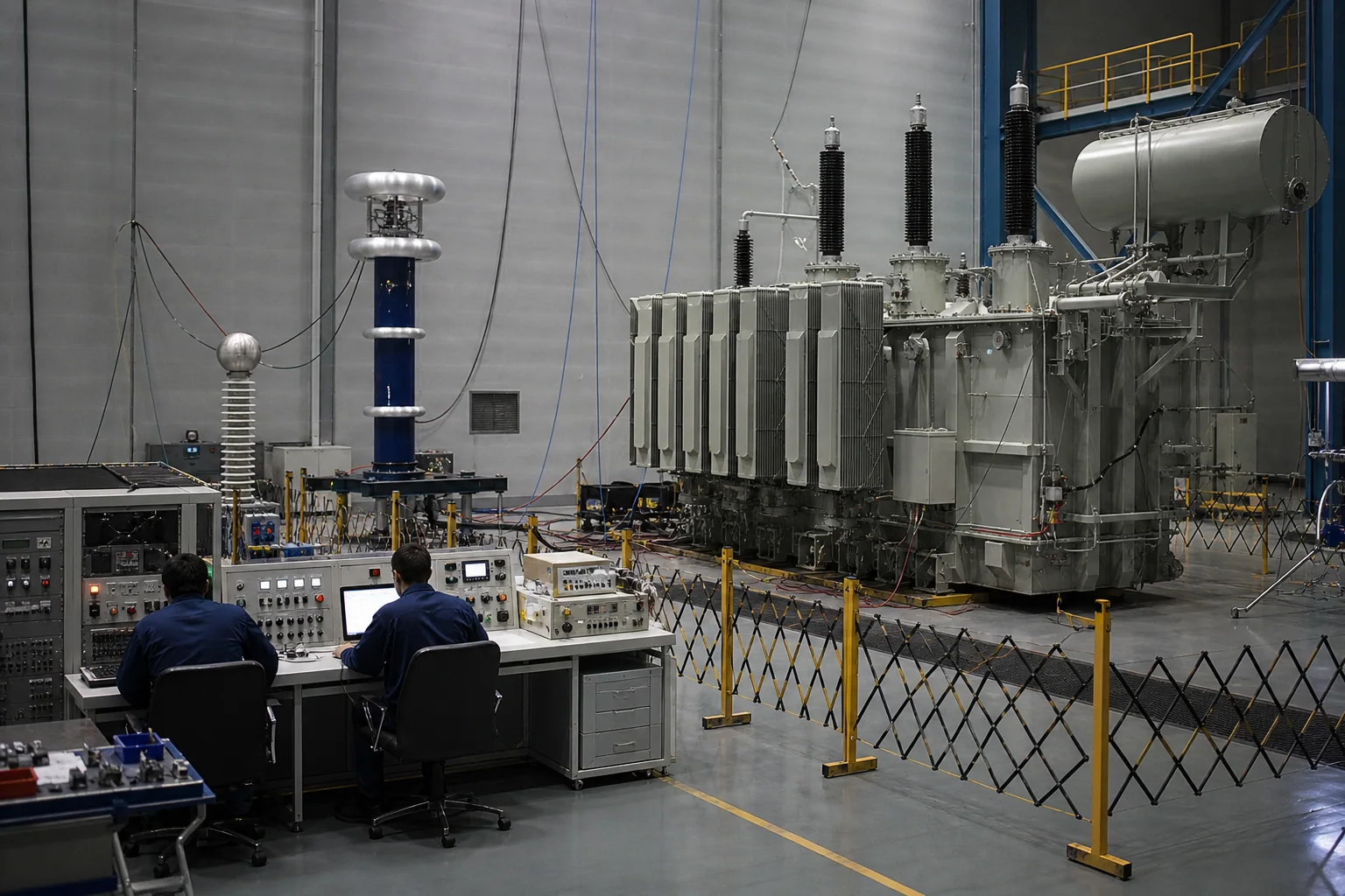Industrial transformer connected to electrical test equipment in a factory test bay