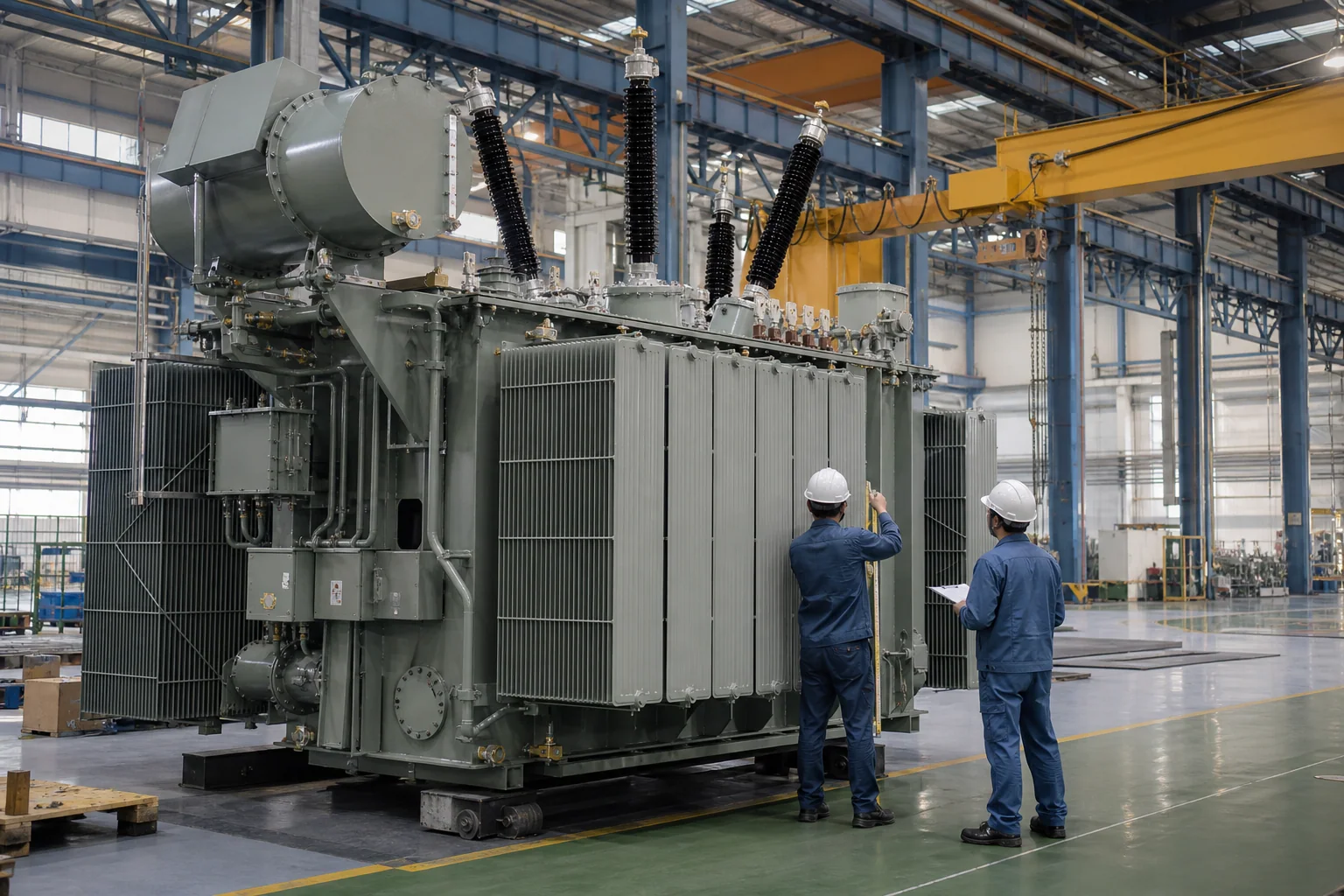 Large industrial transformer during final assembly and dimensional inspection