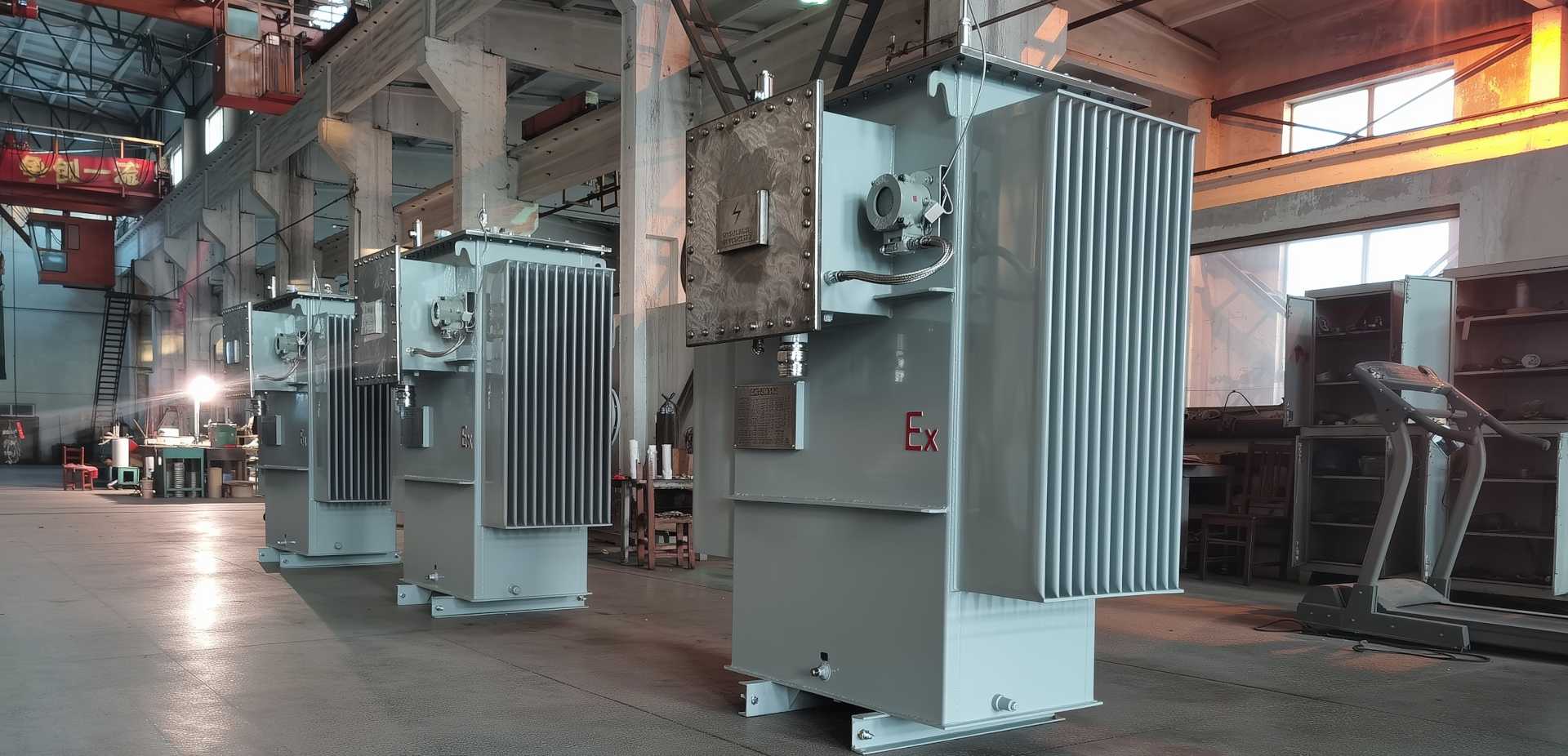 Desalter transformers lined up in the factory
